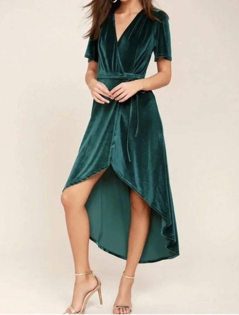 Lulus Amour Teal Green Luxe Stretch Velvet High-Low Wrap Dress V-neck Sz XS